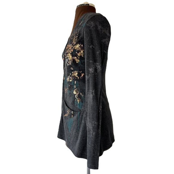 Miss Me Grey Cardigan with Sequin Trim Florals - Picture 4 of 8